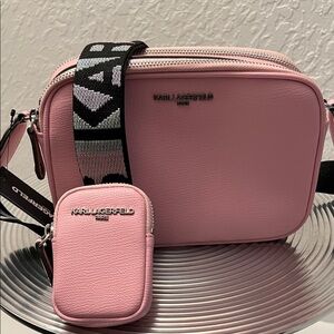 KARL LAGERFELD NWT PINK CAMERA BAG with POUCH and COLORFUL GUITAR STRAP